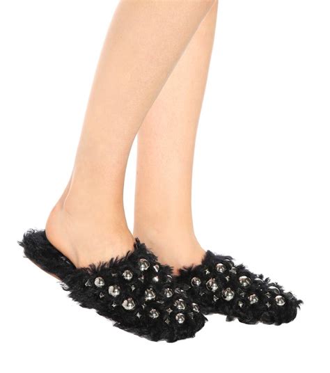 miu miu embellished faux fur slippers